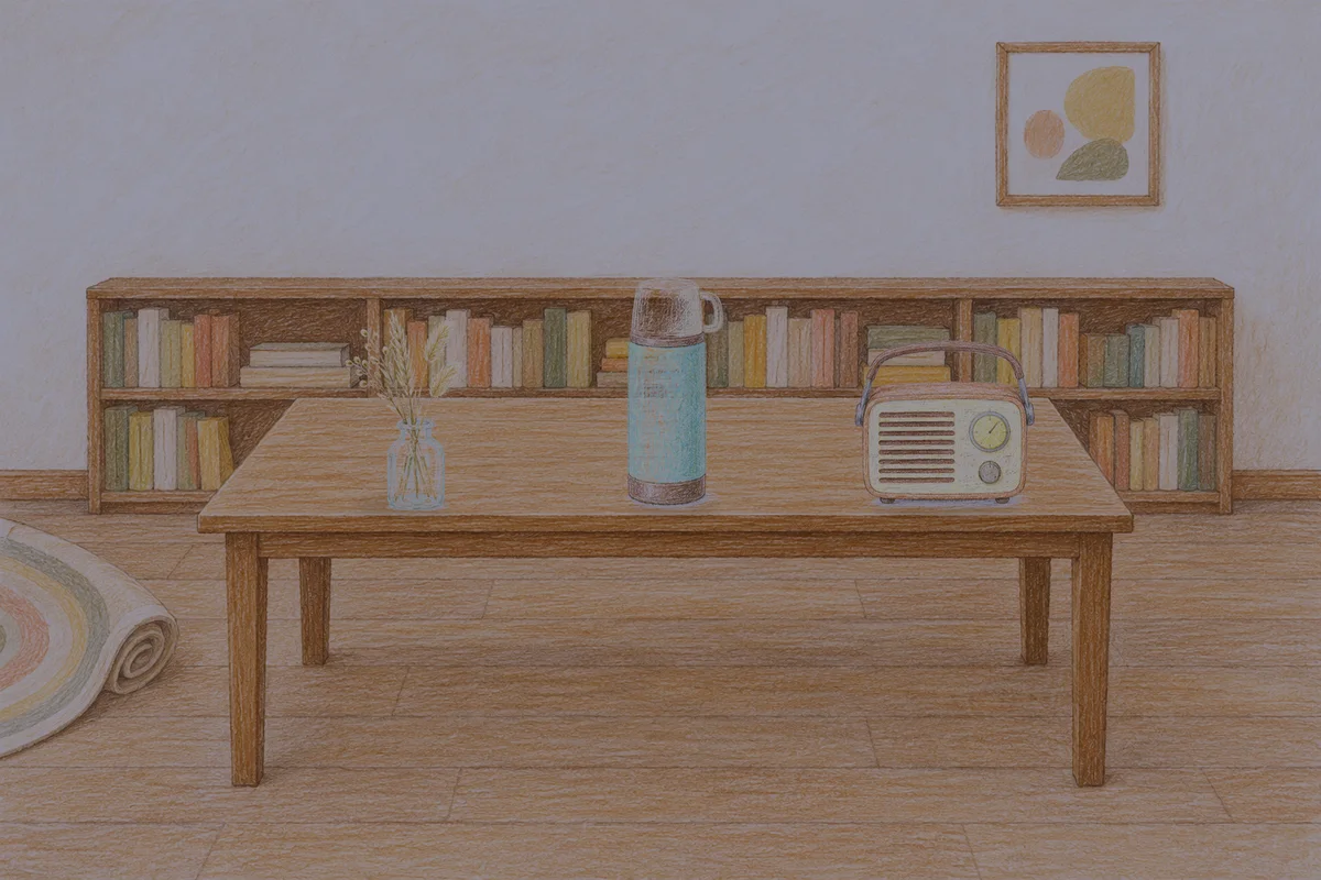 노원 여성전용 스트레스 케어 안내 그림, 밤의 서재 긴 책상 위에 놓인 마른 풀을 꽂은 항아리, 보온병, 작은 라디오