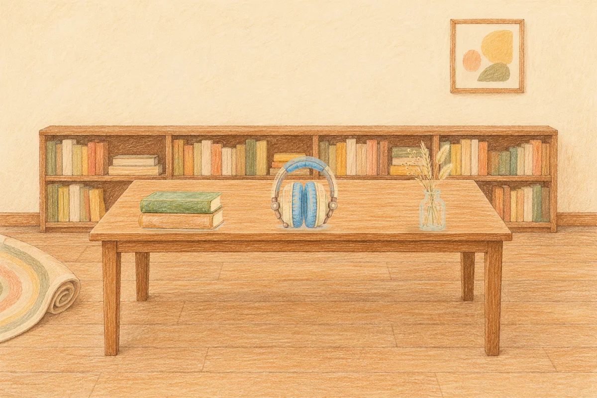 노원 여성전용 피로 회복 마사지 안내 그림, 낮의 서재 긴 책상 위에 놓인 책 두 권, 헤드폰, 마른 풀을 꽂은 항아리