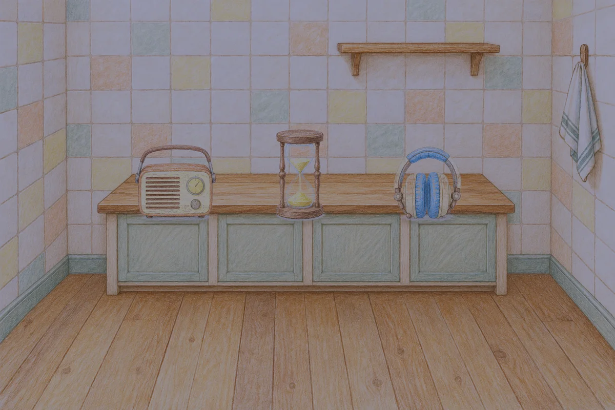 노원 여성전용 얼굴 마사지 안내 그림, 밤의 부엌 나무 조리대 위에 놓인 작은 라디오, 모래시계, 헤드폰