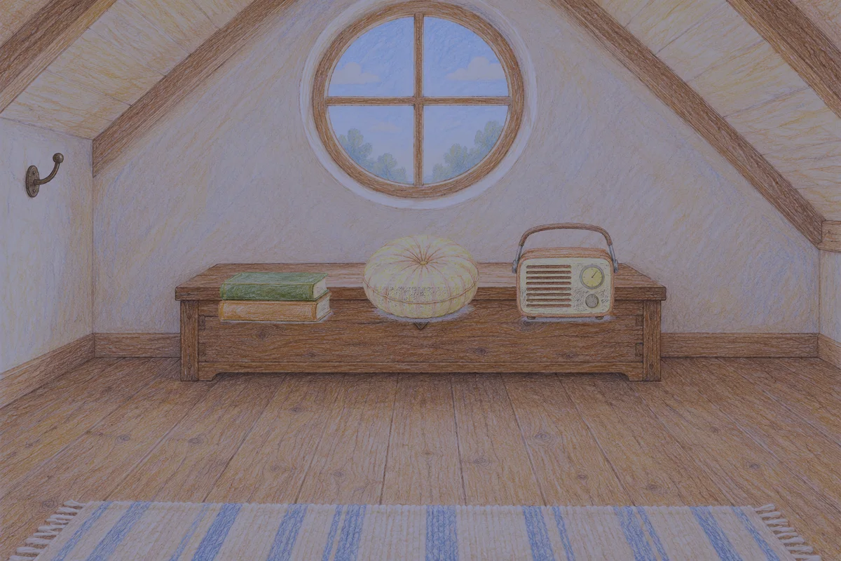 노원 여성전용 안티에이징 케어 안내 그림, 밤의 다락방 나무 궤짝 위에 놓인 책 두 권, 둥근 쿠션, 작은 라디오