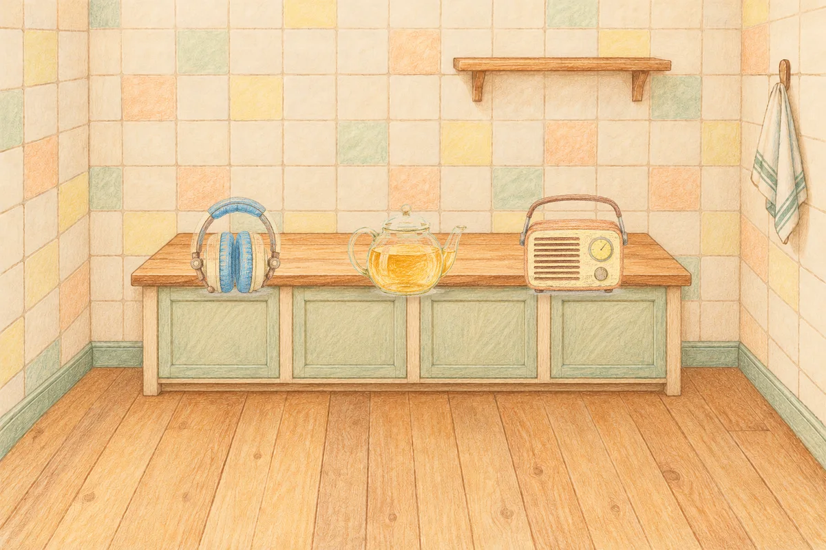 노원 여성전용 브라이덜 케어 안내 그림, 낮의 부엌 나무 조리대 위에 놓인 헤드폰, 유리 티포트, 작은 라디오