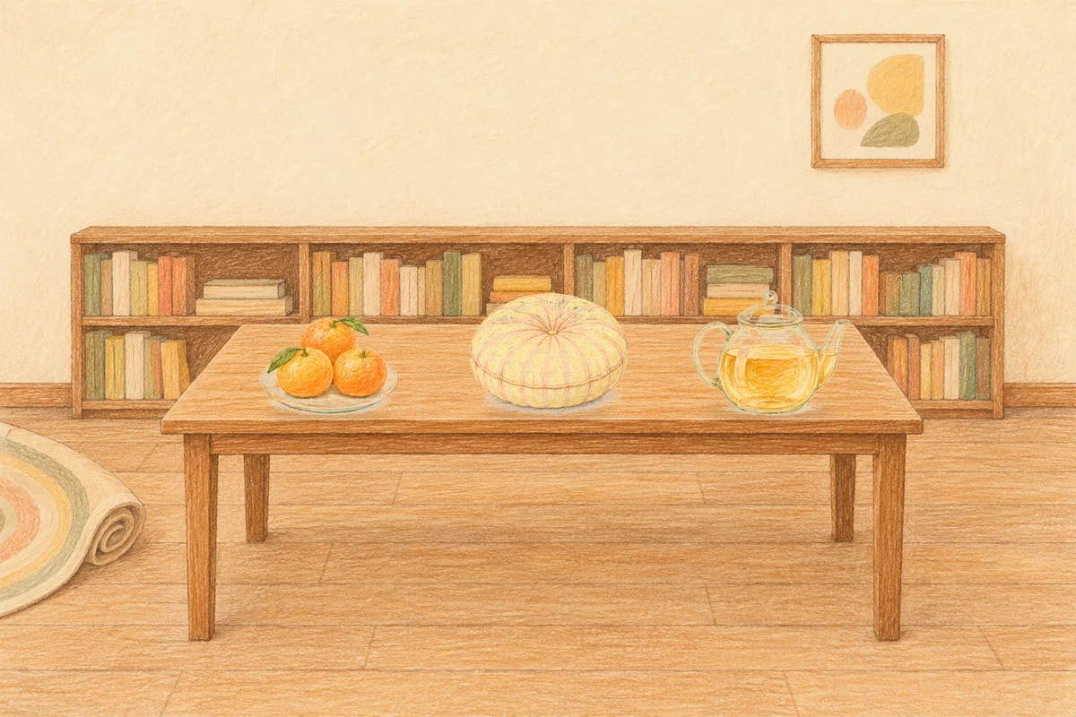 노원 여성전용 추천 마사지 안내 그림, 낮의 서재 긴 책상 위에 놓인 귤이 담긴 접시, 둥근 쿠션, 유리 티포트