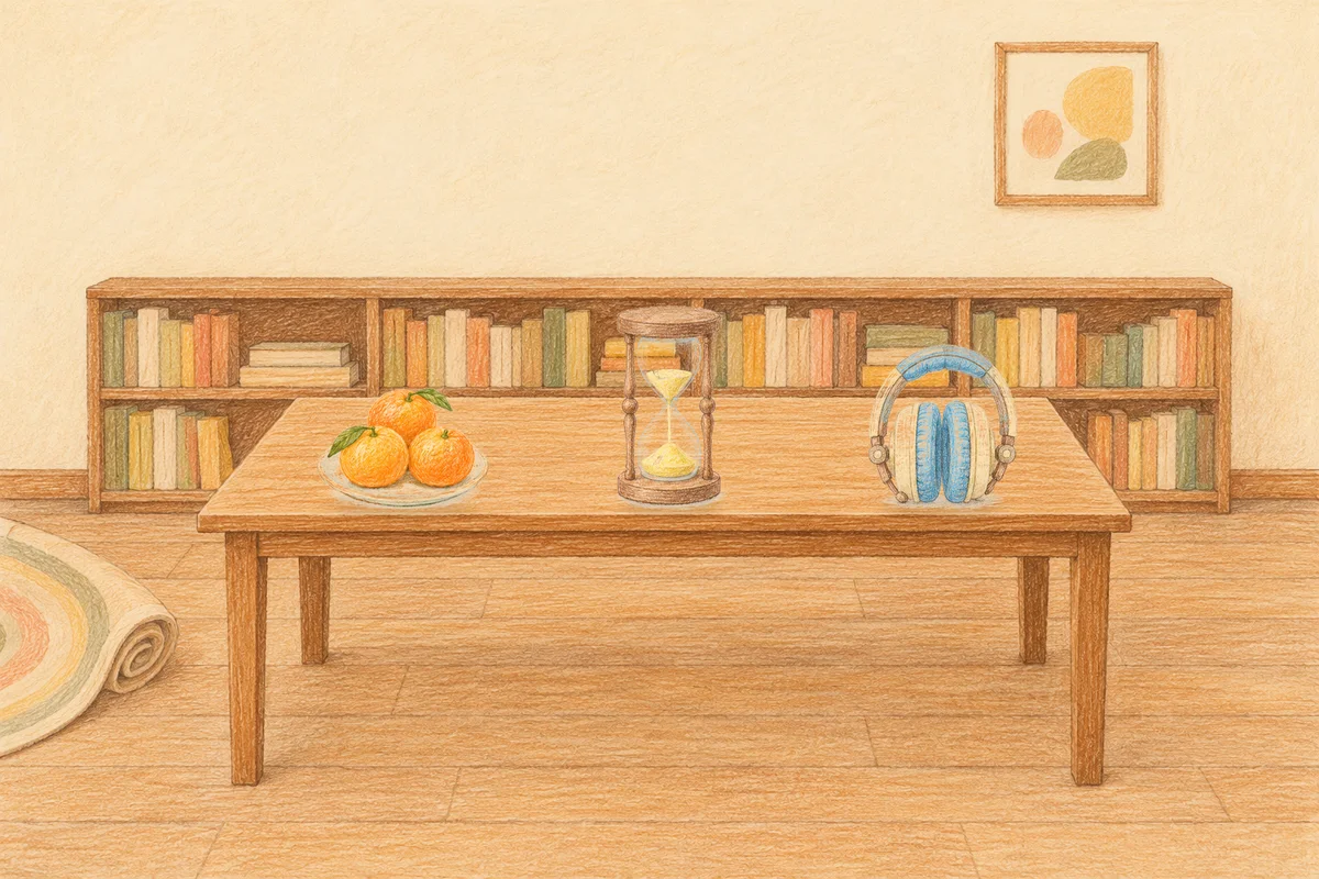 노원 여성전용 출장 마사지 후기 안내 그림, 낮의 서재 긴 책상 위에 놓인 귤이 담긴 접시, 모래시계, 헤드폰
