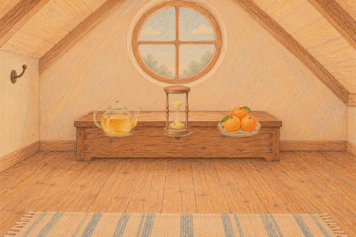 서울 여성전용 프리미엄 스웨디시 안내 그림, 저녁의 다락방 나무 궤짝 위에 놓인 유리 티포트, 모래시계, 귤이 담긴 접시