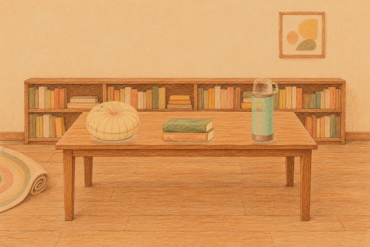 서울 여성전용 아로마 마사지 후기 안내 그림, 저녁의 서재 긴 책상 위에 놓인 둥근 쿠션, 책 두 권, 보온병