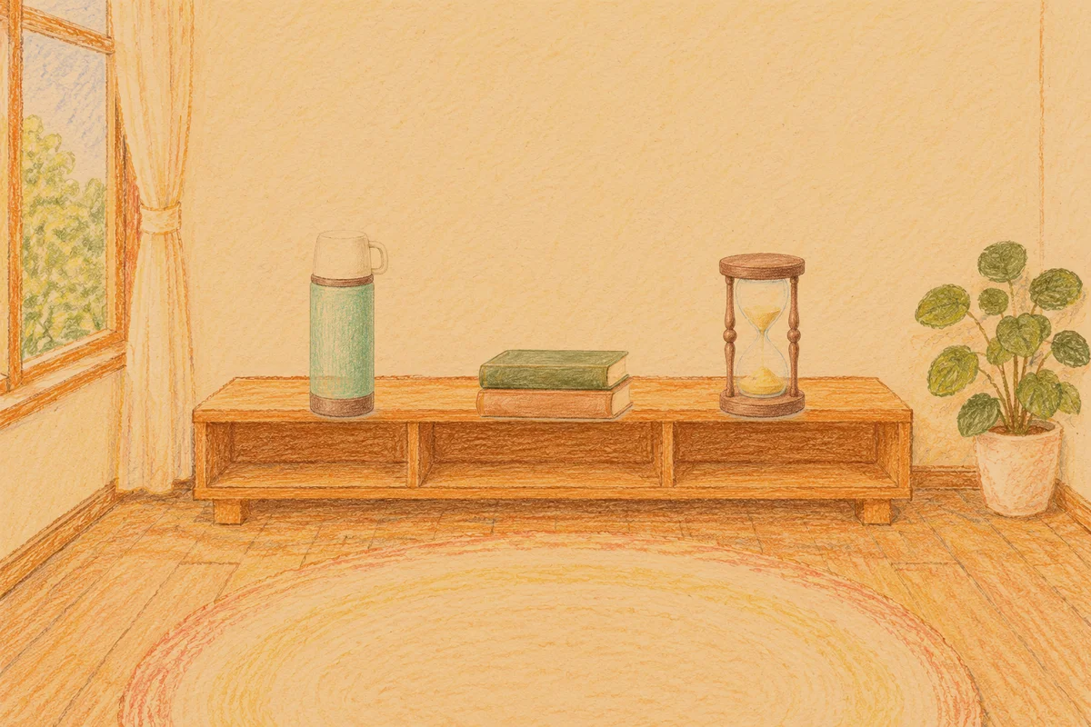 서울 여성전용 스웨디시 가격 안내 그림, 저녁의 창가 낮은 선반 위에 놓인 보온병, 책 두 권, 모래시계