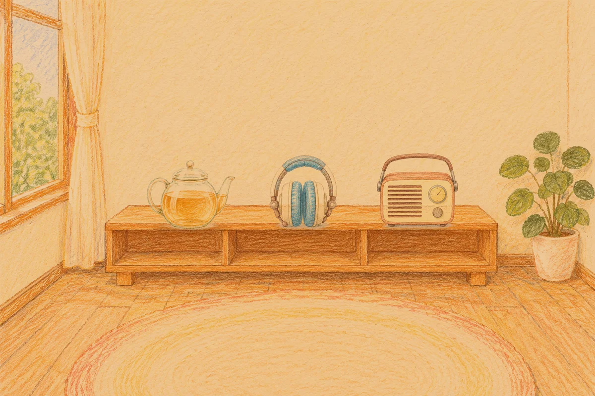 서울 여성전용 경락 케어 안내 그림, 저녁의 창가 낮은 선반 위에 놓인 유리 티포트, 헤드폰, 작은 라디오