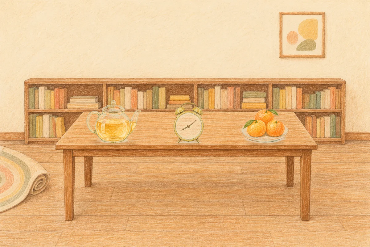 서울 여성전용 얼굴 경락 안내 그림, 낮의 서재 긴 책상 위에 놓인 유리 티포트, 둥근 알람시계, 귤이 담긴 접시