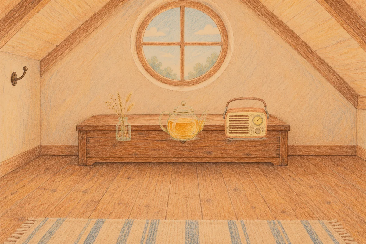 서울 여성전용 바디 경락 안내 그림, 저녁의 다락방 나무 궤짝 위에 놓인 마른 풀을 꽂은 항아리, 유리 티포트, 작은 라디오