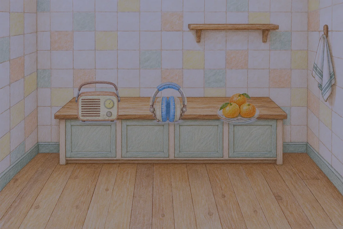 서울 여성전용 경락마사지 후기 안내 그림, 밤의 부엌 나무 조리대 위에 놓인 작은 라디오, 헤드폰, 귤이 담긴 접시