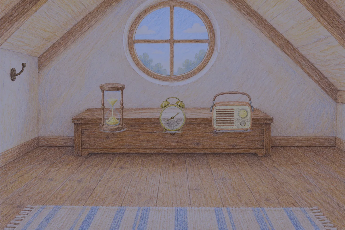 서울 여성전용 경락 가격 안내 그림, 밤의 다락방 나무 궤짝 위에 놓인 모래시계, 둥근 알람시계, 작은 라디오