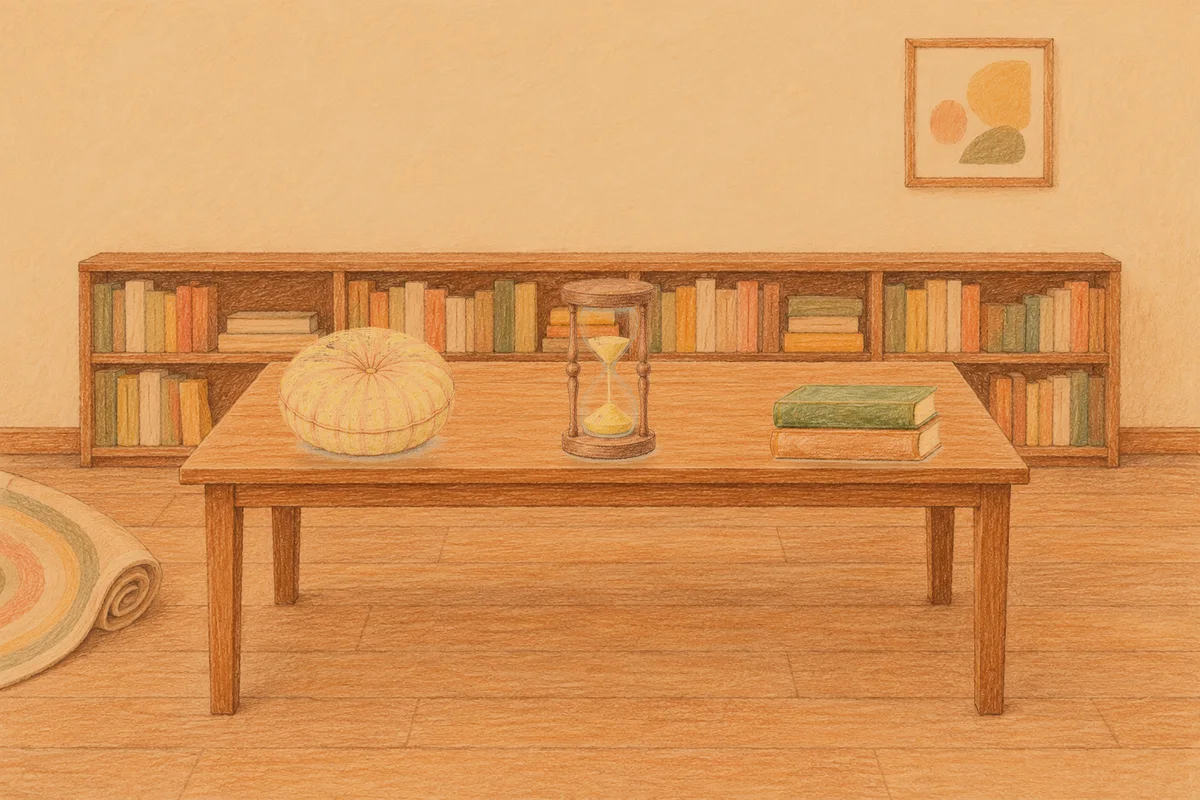 서울 여성전용 홈케어 안내 그림, 저녁의 서재 긴 책상 위에 놓인 둥근 쿠션, 모래시계, 책 두 권