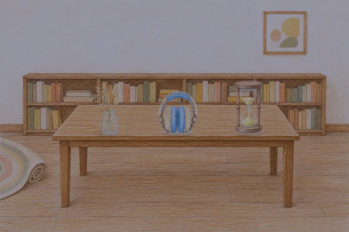 서울 여성전용 방문 마사지 안내 그림, 밤의 서재 긴 책상 위에 놓인 마른 풀을 꽂은 항아리, 헤드폰, 모래시계