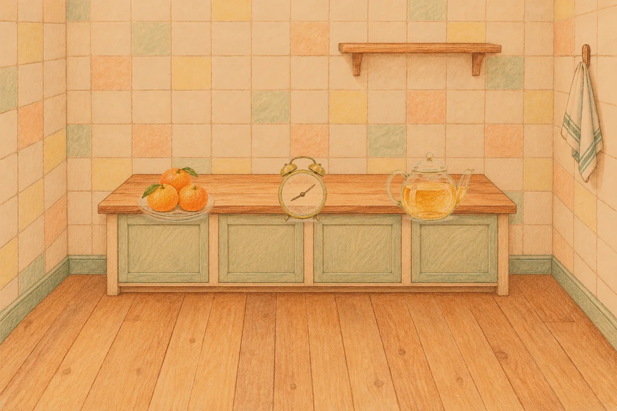 서울 여성전용 방문 홈케어 안내 그림, 저녁의 부엌 나무 조리대 위에 놓인 귤이 담긴 접시, 둥근 알람시계, 유리 티포트