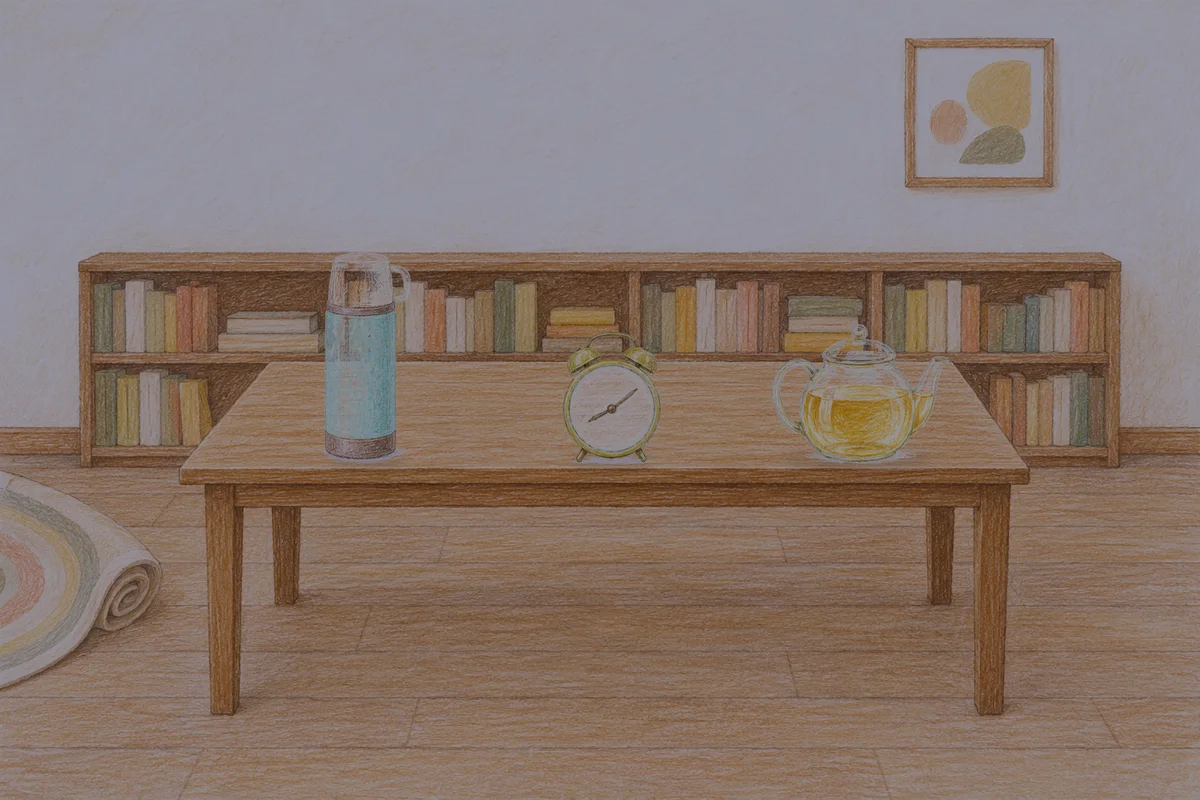 서울 여성전용 홈케어 후기 안내 그림, 밤의 서재 긴 책상 위에 놓인 보온병, 둥근 알람시계, 유리 티포트
