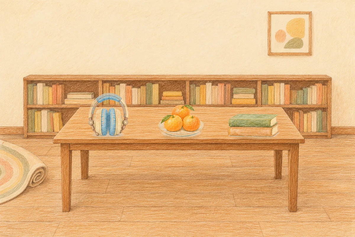 서울 여성전용 발관리 안내 그림, 낮의 서재 긴 책상 위에 놓인 헤드폰, 귤이 담긴 접시, 책 두 권