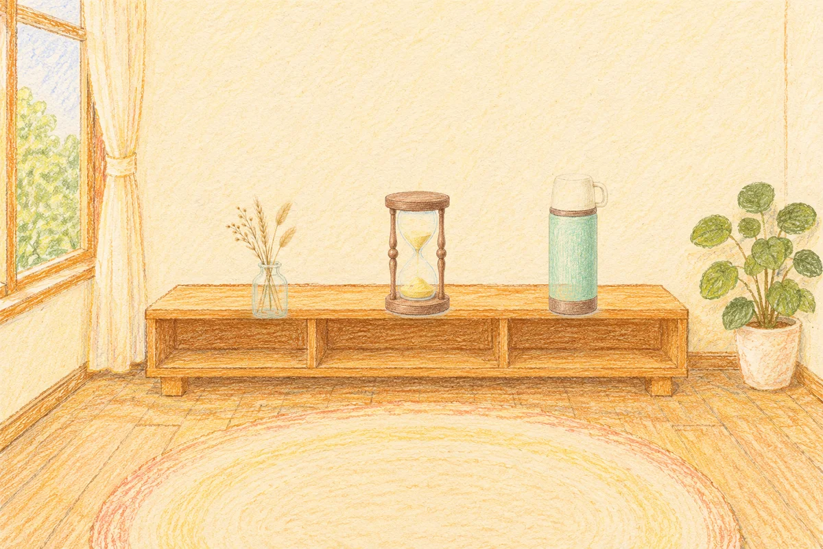 서울 여성전용 발 케어 안내 그림, 낮의 창가 낮은 선반 위에 놓인 마른 풀을 꽂은 항아리, 모래시계, 보온병