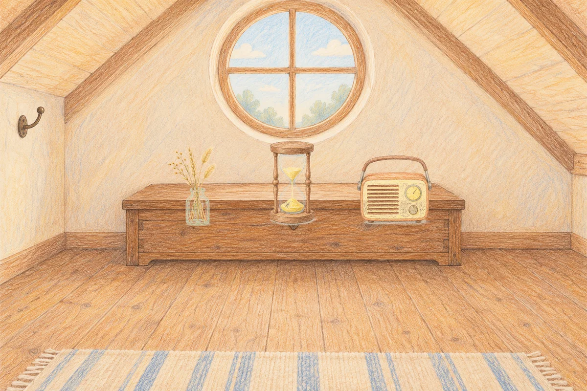 서울 여성전용 발 부종 케어 안내 그림, 낮의 다락방 나무 궤짝 위에 놓인 마른 풀을 꽂은 항아리, 모래시계, 작은 라디오
