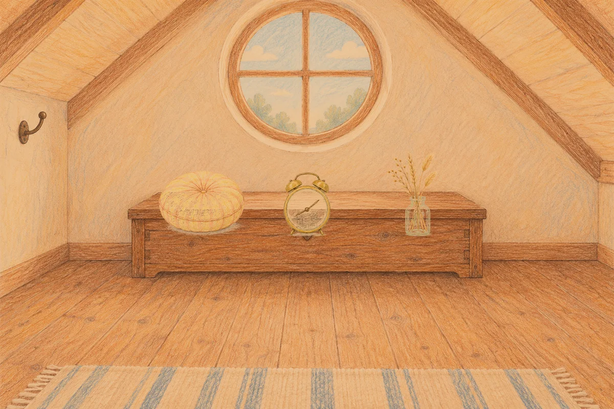 서울 여성전용 부종 케어 안내 그림, 저녁의 다락방 나무 궤짝 위에 놓인 둥근 쿠션, 둥근 알람시계, 마른 풀을 꽂은 항아리