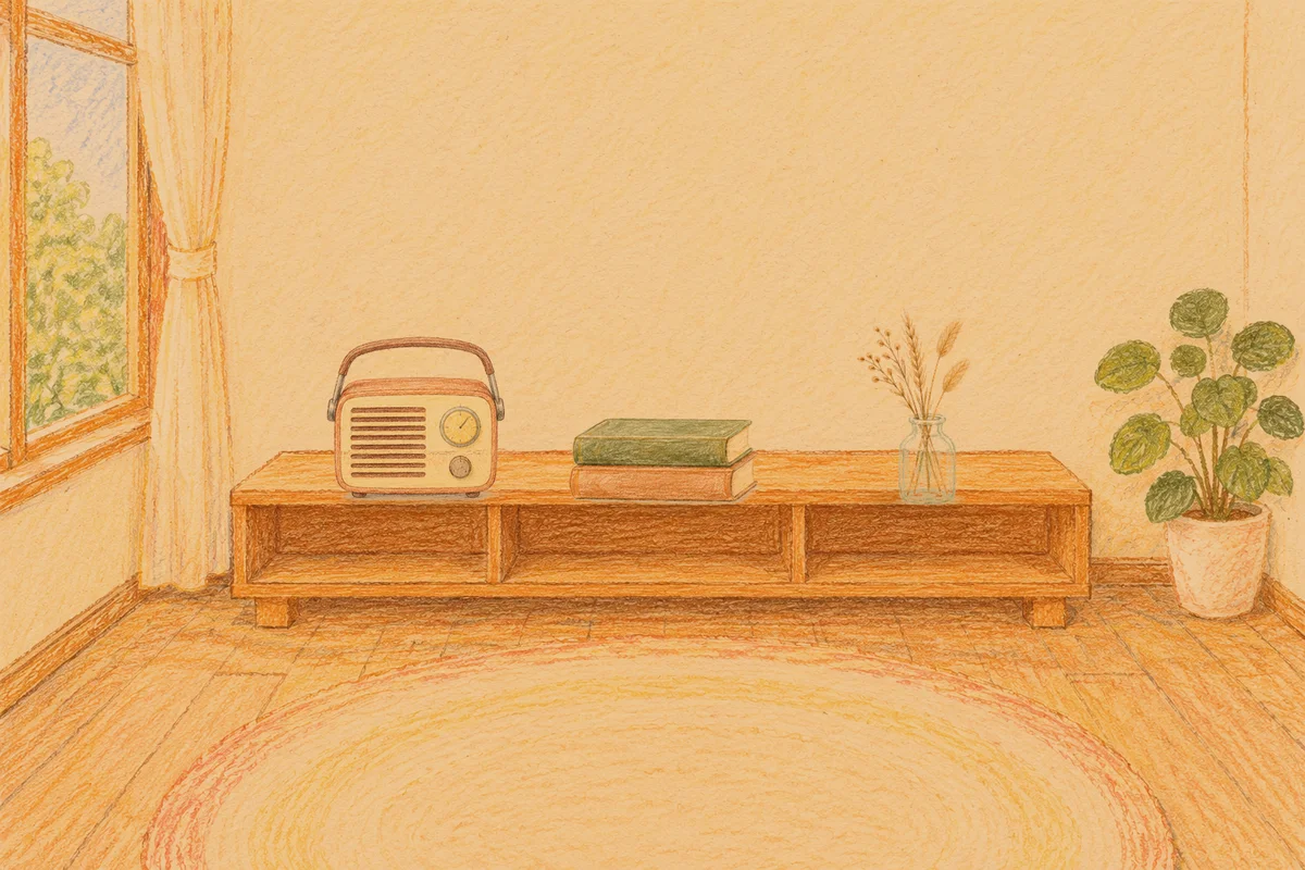 서울 여성전용 디톡스 마사지 안내 그림, 저녁의 창가 낮은 선반 위에 놓인 작은 라디오, 책 두 권, 마른 풀을 꽂은 항아리