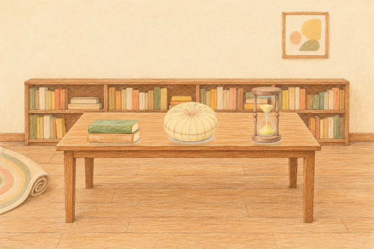 서울 여성전용 복부 마사지 안내 그림, 낮의 서재 긴 책상 위에 놓인 책 두 권, 둥근 쿠션, 모래시계