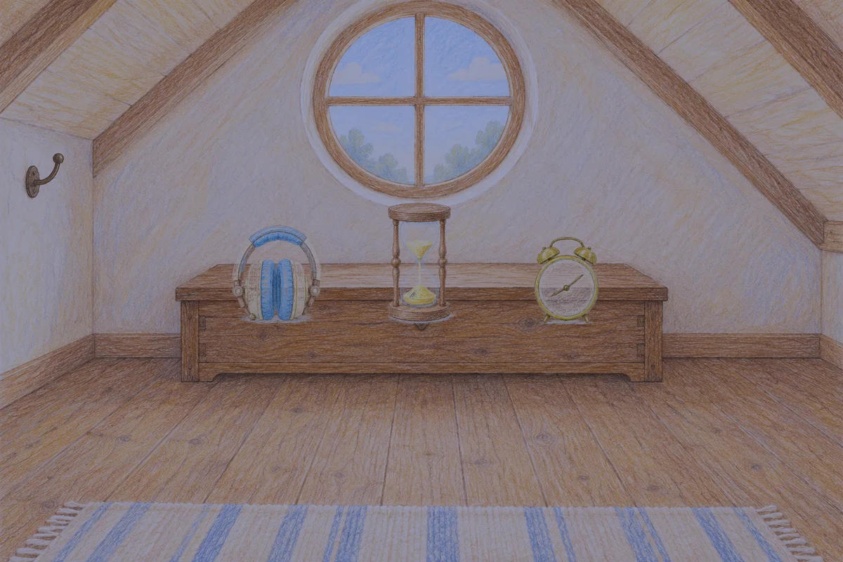 서울 여성전용 두피 마사지 안내 그림, 밤의 다락방 나무 궤짝 위에 놓인 헤드폰, 모래시계, 둥근 알람시계