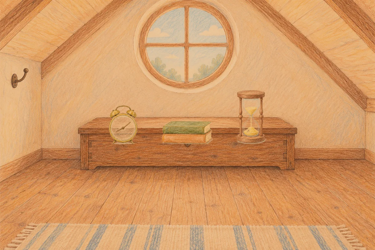 서울 여성전용 두피 케어 안내 그림, 저녁의 다락방 나무 궤짝 위에 놓인 둥근 알람시계, 책 두 권, 모래시계