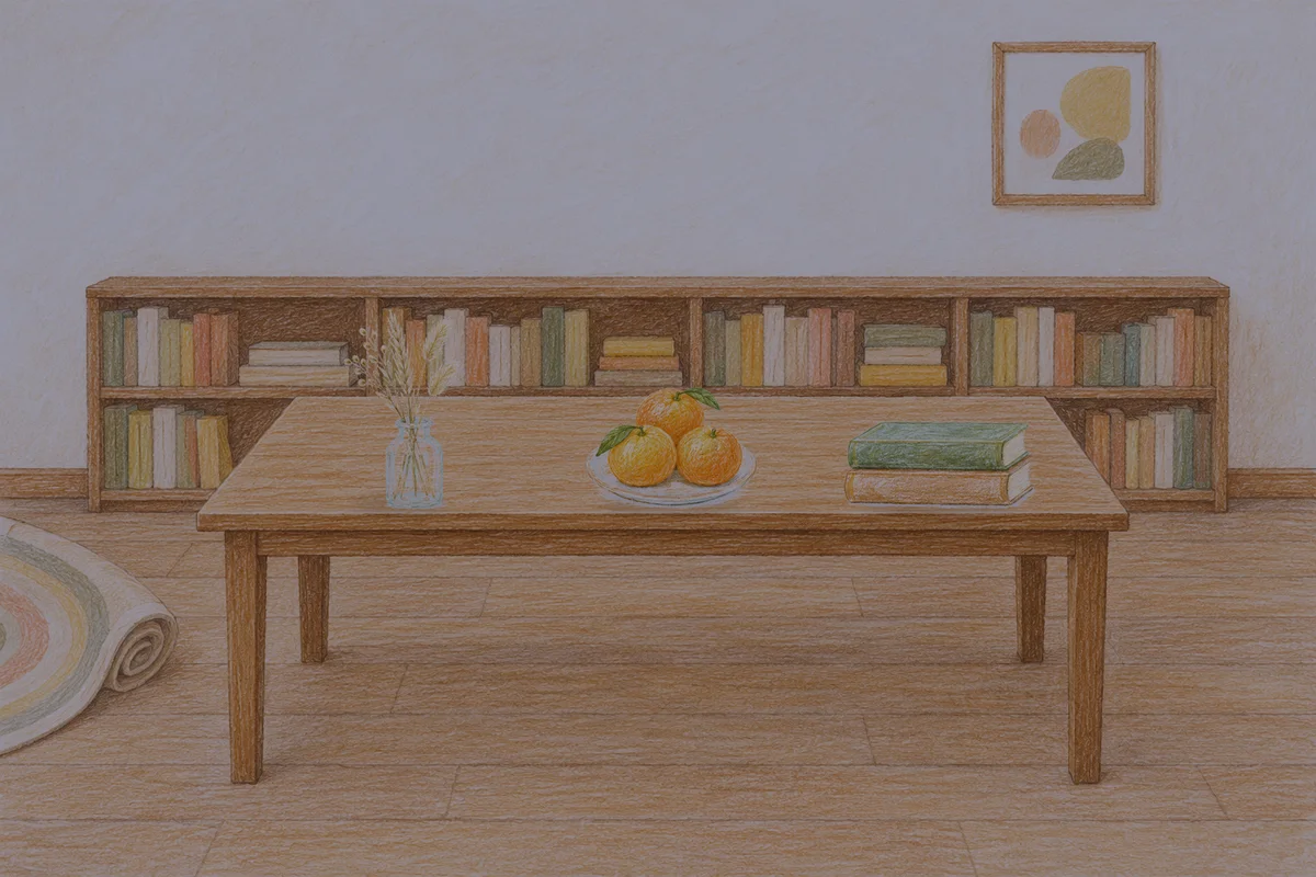 서울 여성전용 어깨 마사지 안내 그림, 밤의 서재 긴 책상 위에 놓인 마른 풀을 꽂은 항아리, 귤이 담긴 접시, 책 두 권