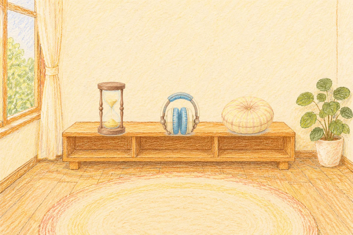 서울 여성전용 스트레스 케어 안내 그림, 낮의 창가 낮은 선반 위에 놓인 모래시계, 헤드폰, 둥근 쿠션