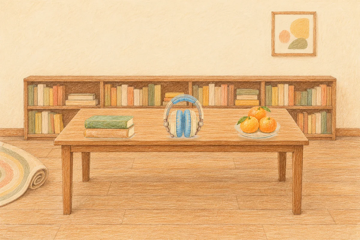 서울 여성전용 피로 회복 마사지 안내 그림, 낮의 서재 긴 책상 위에 놓인 책 두 권, 헤드폰, 귤이 담긴 접시