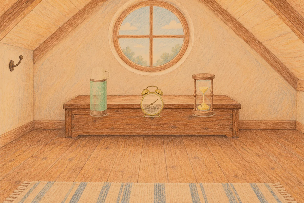 서울 여성전용 샵 마사지 안내 그림, 저녁의 다락방 나무 궤짝 위에 놓인 보온병, 둥근 알람시계, 모래시계