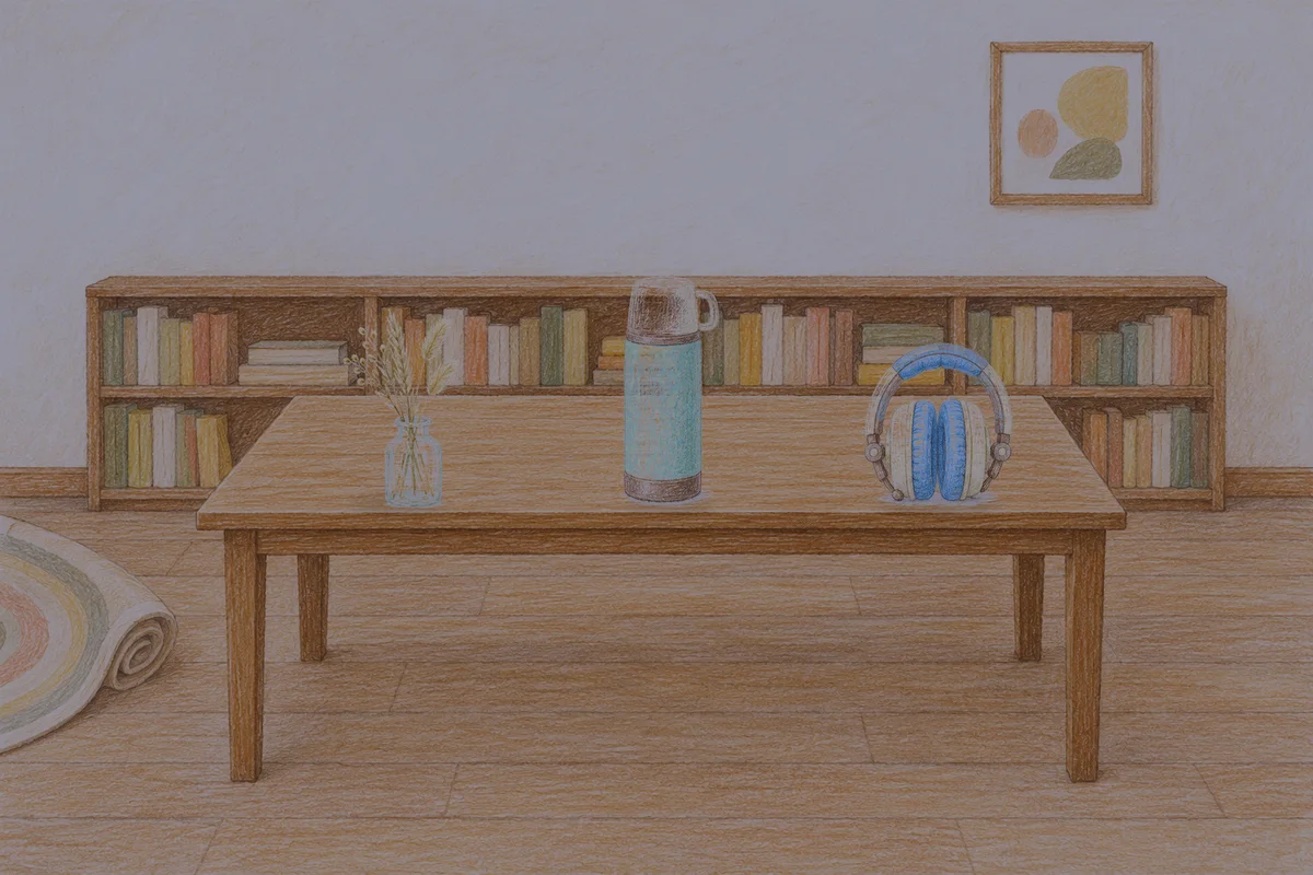 인천 여성전용 아로마 마사지 안내 그림, 밤의 서재 긴 책상 위에 놓인 마른 풀을 꽂은 항아리, 보온병, 헤드폰