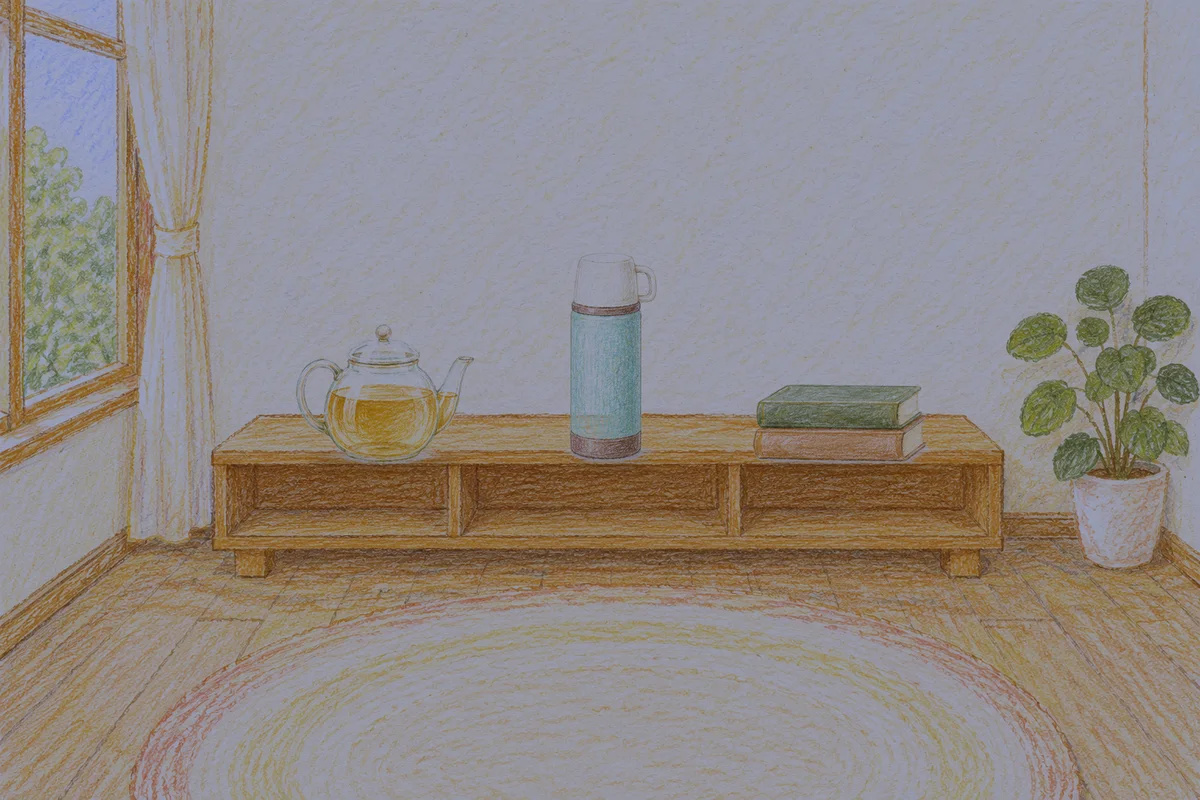 인천 여성전용 스웨디시 후기 안내 그림, 밤의 창가 낮은 선반 위에 놓인 유리 티포트, 보온병, 책 두 권