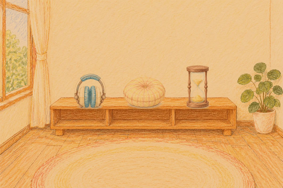 인천 여성전용 아로마 가격 안내 그림, 저녁의 창가 낮은 선반 위에 놓인 헤드폰, 둥근 쿠션, 모래시계