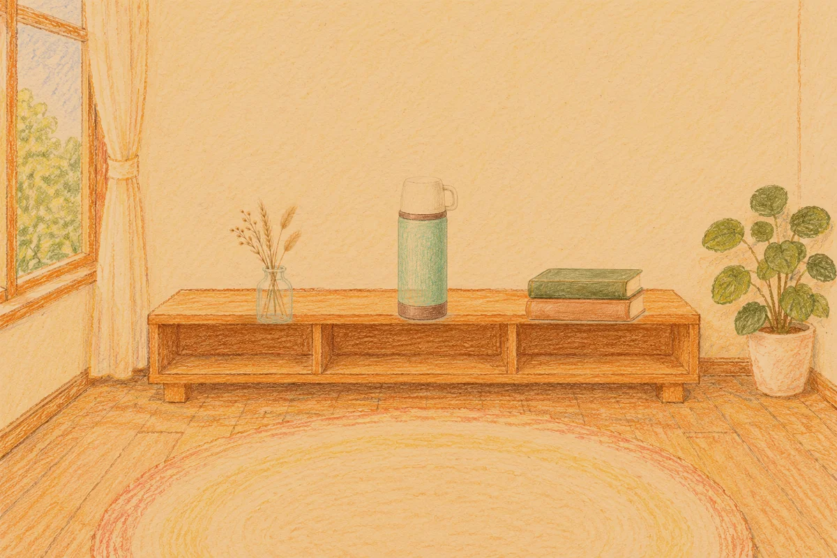 인천 여성전용 경락 마사지 안내 그림, 저녁의 창가 낮은 선반 위에 놓인 마른 풀을 꽂은 항아리, 보온병, 책 두 권