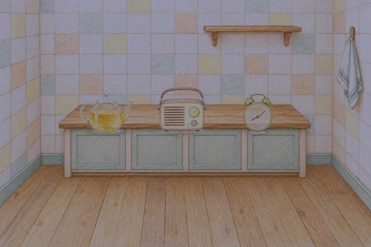 인천 여성전용 바디 경락 안내 그림, 밤의 부엌 나무 조리대 위에 놓인 유리 티포트, 작은 라디오, 둥근 알람시계