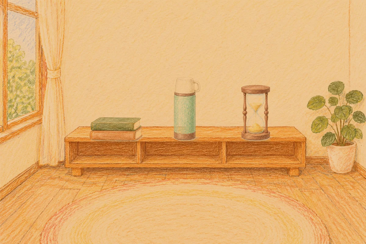 인천 여성전용 경락마사지 후기 안내 그림, 저녁의 창가 낮은 선반 위에 놓인 책 두 권, 보온병, 모래시계