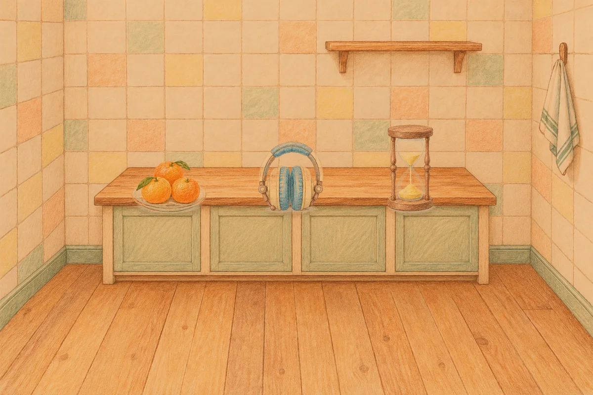 인천 여성전용 경락 가격 안내 그림, 저녁의 부엌 나무 조리대 위에 놓인 귤이 담긴 접시, 헤드폰, 모래시계