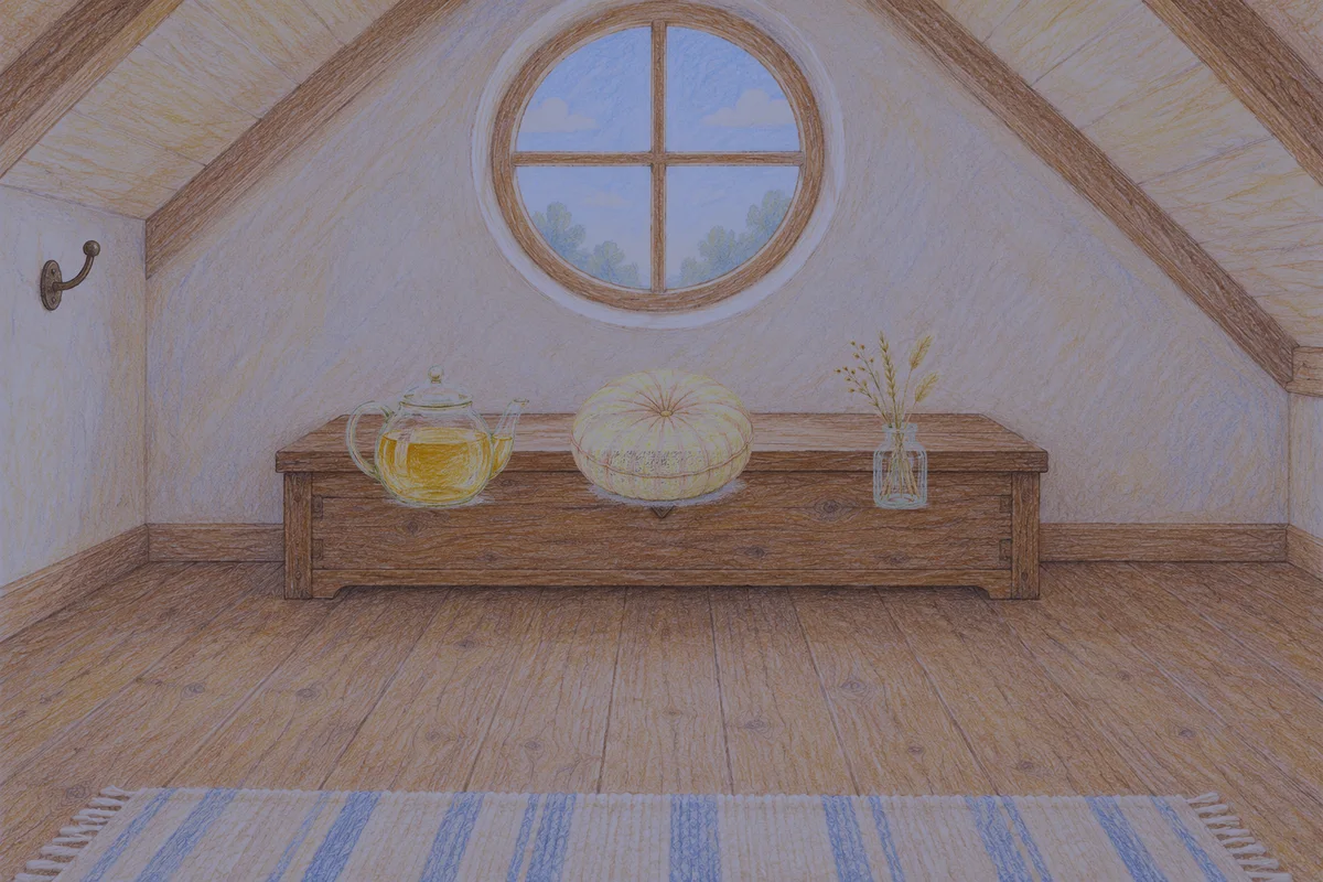 인천 여성전용 홈케어 안내 그림, 밤의 다락방 나무 궤짝 위에 놓인 유리 티포트, 둥근 쿠션, 마른 풀을 꽂은 항아리