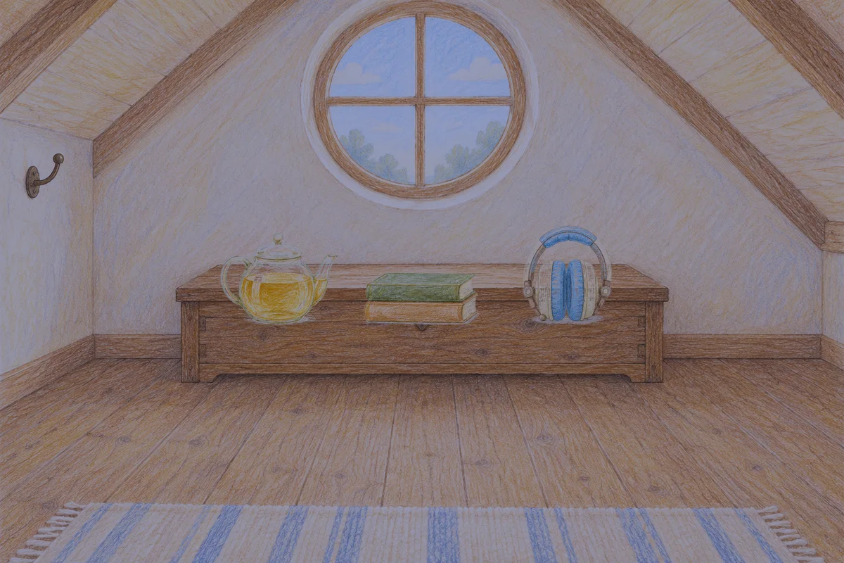 인천 여성전용 방문 마사지 안내 그림, 밤의 다락방 나무 궤짝 위에 놓인 유리 티포트, 책 두 권, 헤드폰