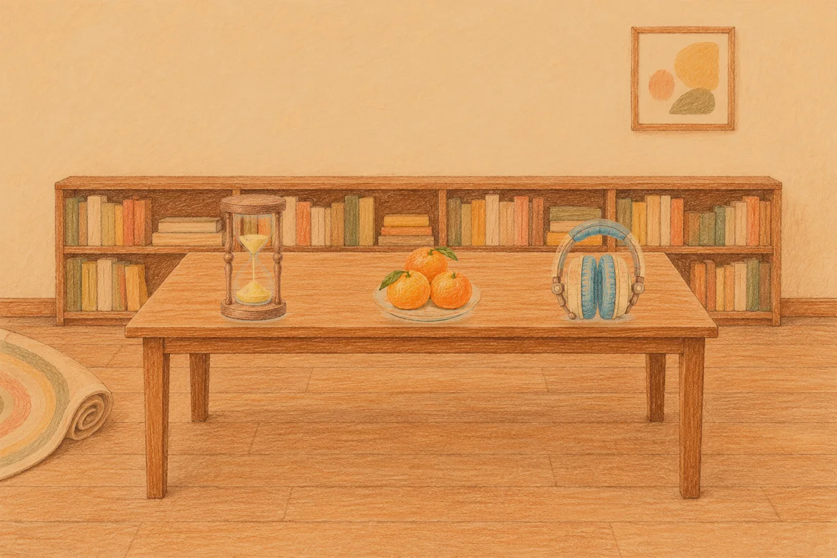 인천 여성전용 홈케어 서비스 안내 그림, 저녁의 서재 긴 책상 위에 놓인 모래시계, 귤이 담긴 접시, 헤드폰
