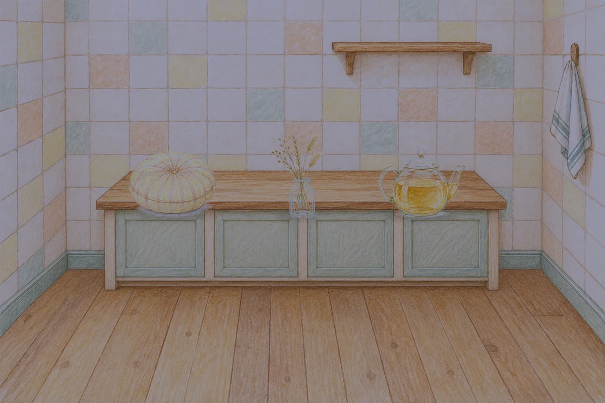 인천 여성전용 1인샵 안내 그림, 밤의 부엌 나무 조리대 위에 놓인 둥근 쿠션, 마른 풀을 꽂은 항아리, 유리 티포트