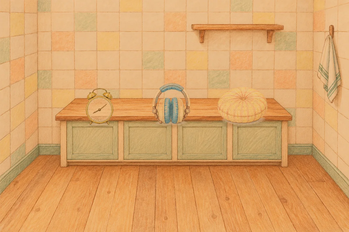 인천 여성전용 발관리 안내 그림, 저녁의 부엌 나무 조리대 위에 놓인 둥근 알람시계, 헤드폰, 둥근 쿠션