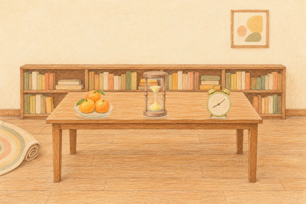 인천 여성전용 발관리 후기 안내 그림, 낮의 서재 긴 책상 위에 놓인 귤이 담긴 접시, 모래시계, 둥근 알람시계