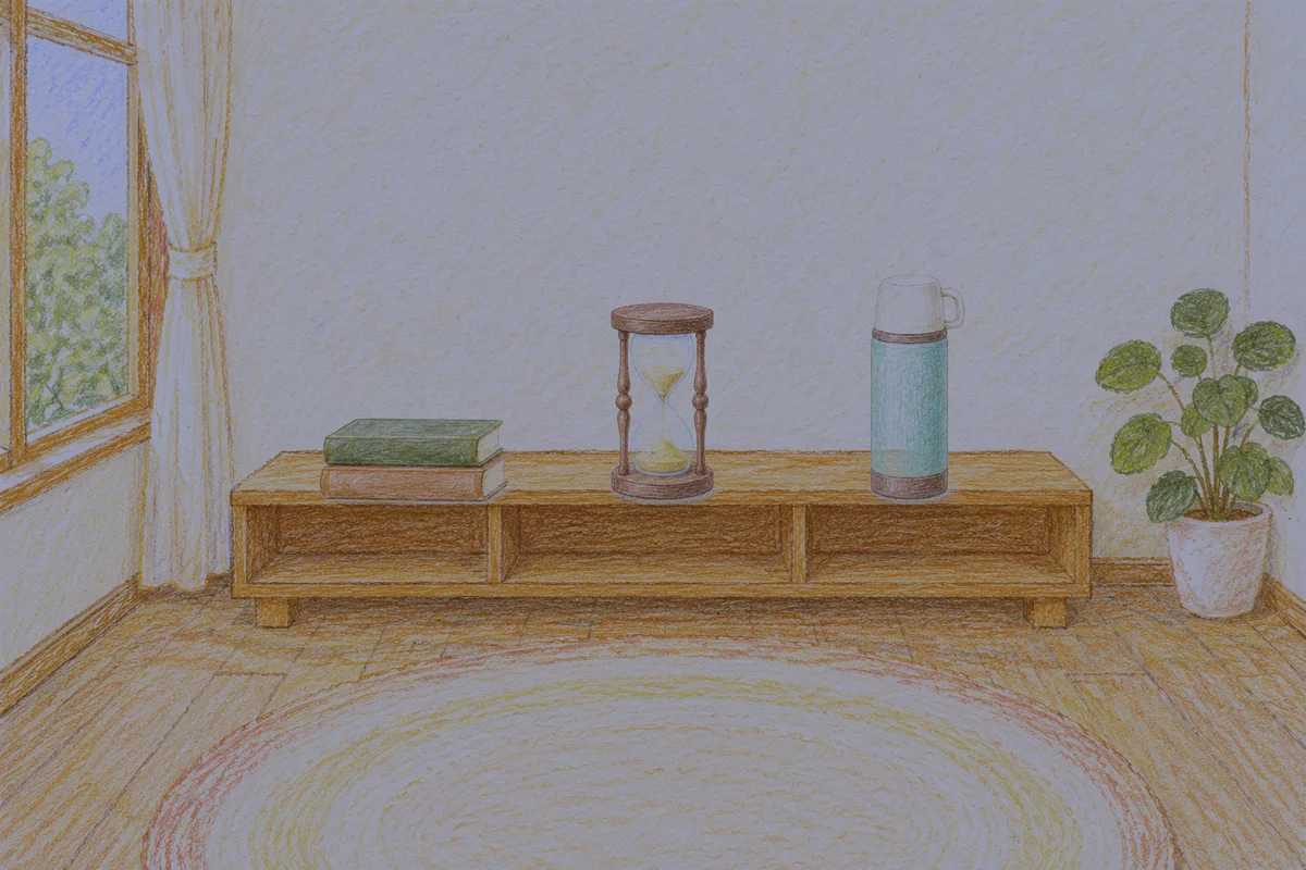 인천 여성전용 바디 케어 안내 그림, 밤의 창가 낮은 선반 위에 놓인 책 두 권, 모래시계, 보온병