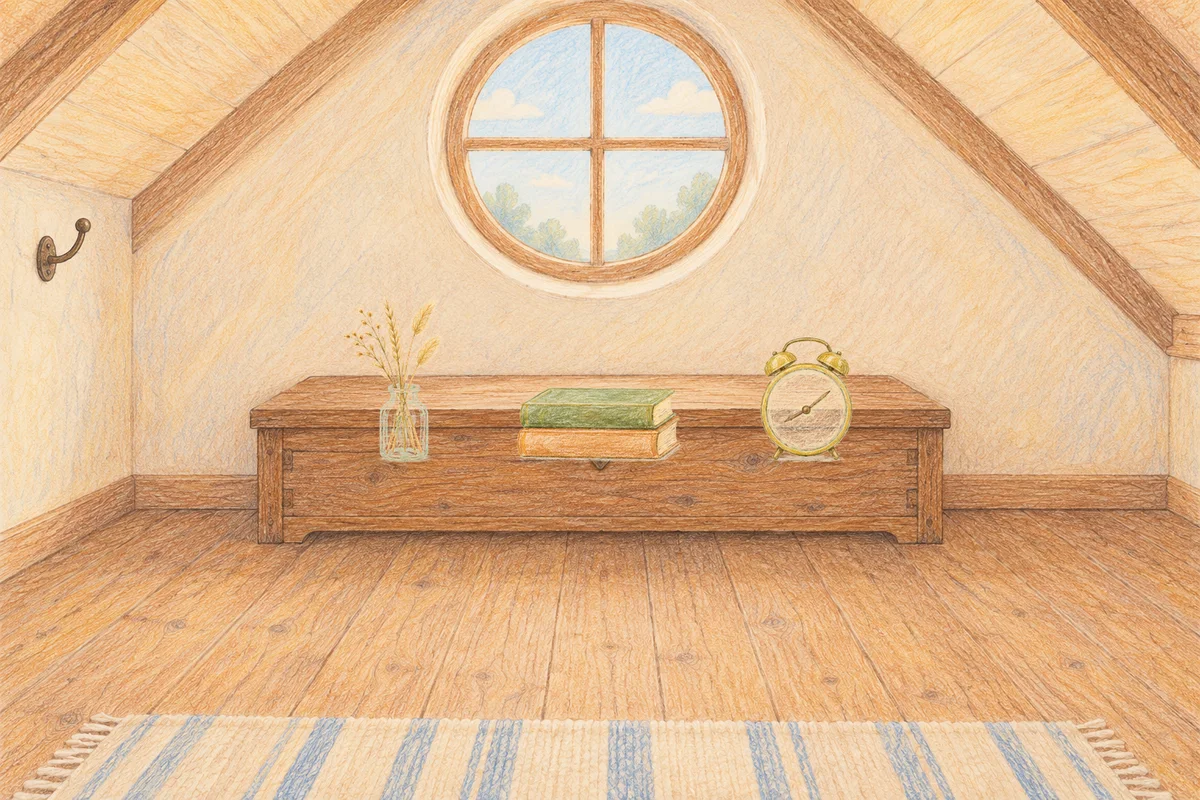 인천 여성전용 슬리밍 마사지 안내 그림, 낮의 다락방 나무 궤짝 위에 놓인 마른 풀을 꽂은 항아리, 책 두 권, 둥근 알람시계