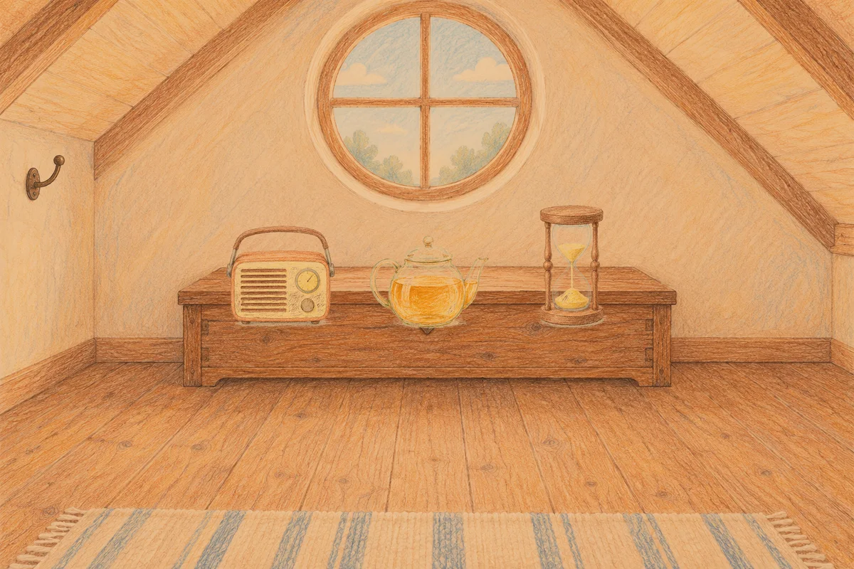 인천 여성전용 어깨 마사지 안내 그림, 저녁의 다락방 나무 궤짝 위에 놓인 작은 라디오, 유리 티포트, 모래시계
