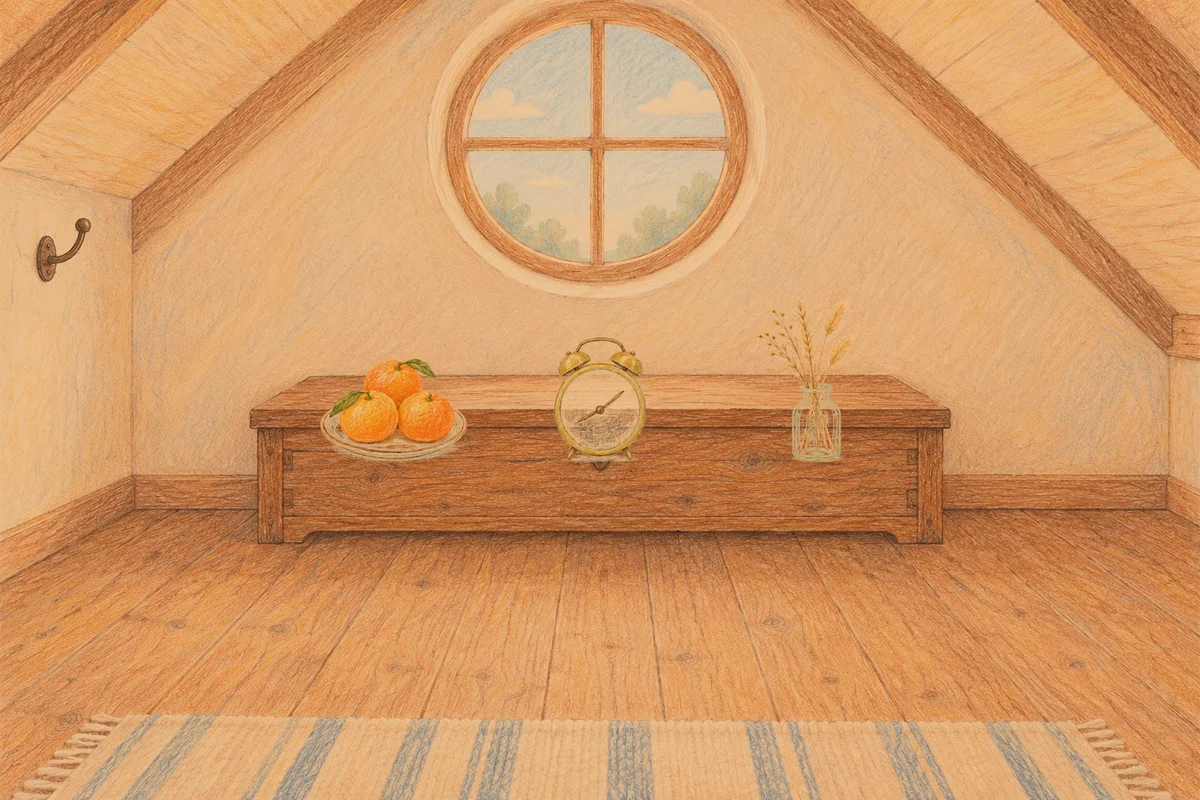 인천 여성전용 목 어깨 케어 안내 그림, 저녁의 다락방 나무 궤짝 위에 놓인 귤이 담긴 접시, 둥근 알람시계, 마른 풀을 꽂은 항아리