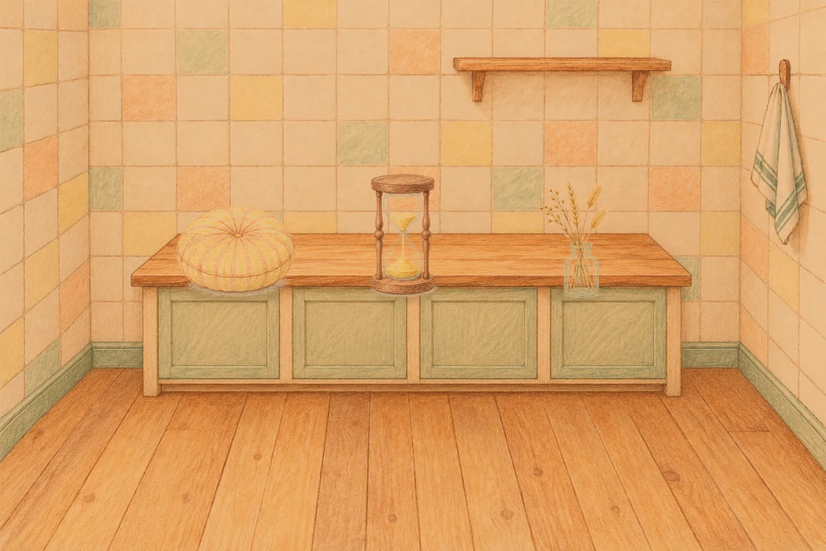 인천 여성전용 피로 회복 마사지 안내 그림, 저녁의 부엌 나무 조리대 위에 놓인 둥근 쿠션, 모래시계, 마른 풀을 꽂은 항아리