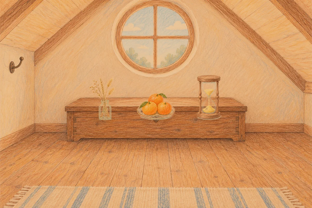 인천 여성전용 페이셜 마사지 안내 그림, 저녁의 다락방 나무 궤짝 위에 놓인 마른 풀을 꽂은 항아리, 귤이 담긴 접시, 모래시계